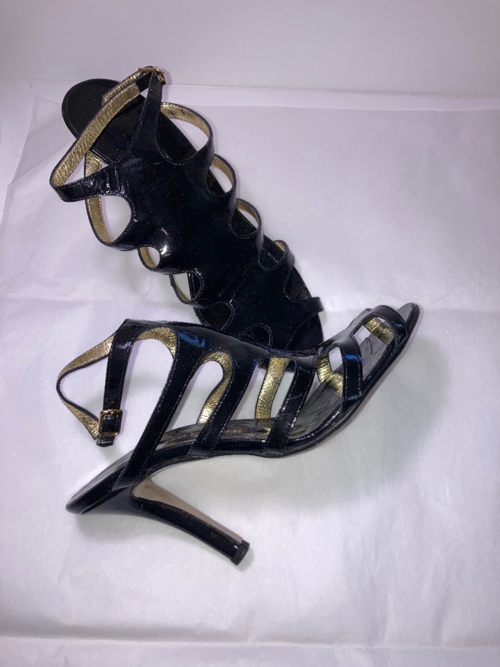 Walter Steiger S6 High Heel “Strappy” Black Patent Gold Buckle Sandals